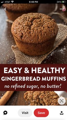 the recipe for gingerbread muffins is shown on an iphone screen with text overlay