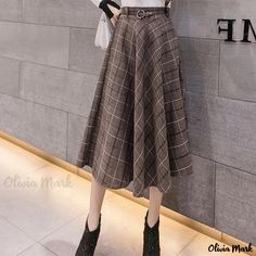 Olivia Mark - Loose-Fit Vintage Plaid Midi Skirt with High Waist and Large Flared Hemline Kids Dress Shoes, Plaid Midi Skirt, Umbrella Skirt, Umbrella Designs, Pleated Long Skirt, Half Skirt, Vintage Plaid, Plaid Skirts, Wool Plaid