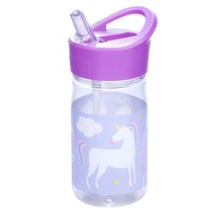 a purple and white water bottle with a unicorn design on the lid, sitting against a white background