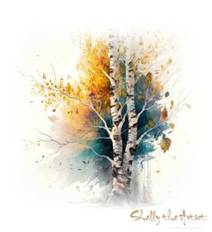 an artistic painting of trees with leaves on them