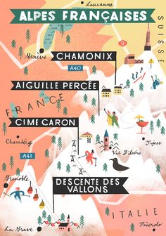 an illustrated map with the names of different towns and places in france, including mountains