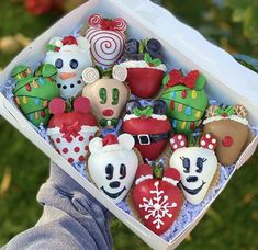 someone is holding a box full of decorated cookies