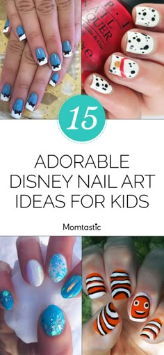 Disney Nail Designs French Tips, Kid Disney Nails, Disney Character Nails, Diy Disney Nails, Nail Designs For Kids, Cinderella Nails