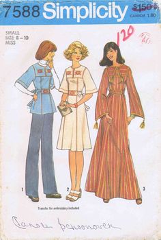 1970's Simplicity 7588 Vintage Sewing Pattern Misses' Pullover Caftan, Dress or Top (Transfer for Embroidery Included): Top-stitched caftan, dress or top with yoke has set-in sleeves and band stitched over tie ends. V. 1 & 2 with elbow length sleeves have optional embroidery. V. 3 with long sleeves is trimmed with braid and tassels. Size: 8 - 10 Bust: 31 1/2 - 32 1/2 Waist: 24 - 25 Hip: 33 1/2 - 34 1/2 Copyright: 1976 Pattern is: Uncut, factory folded Envelope condition: Lightly tanned; red Bell Sleeve Pattern, Embroidery Transfers, Top Sewing Pattern, Simplicity Sewing, Couture Vintage, 1970s Fashion, Simplicity Sewing Patterns, Caftan Dress, Sewing Pattern Sizes