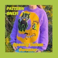 a woman wearing a purple sweater with a black cat on it and the words spooky salem sweater written below