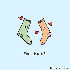 two socks with faces and hearts on them, one saying sole mates while the other says love