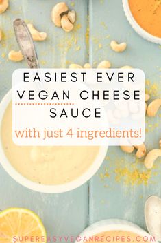 an overhead view of vegan cheese sauce with just 4 ingredients in small bowls on a blue table