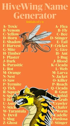 an orange and yellow poster with the words hiveing name generator on it's side