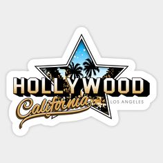 the hollywood california sticker is shown in gold and black, with palm trees behind it