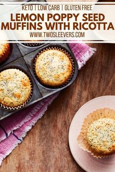 lemon poppy seed muffins with ricotta in a muffin tin on a wooden table