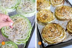 two pictures showing how to make stuffed cabbages in the oven and then on the baking sheet