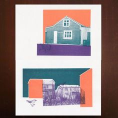 two different colored houses are shown in the same image, one is orange and purple