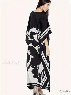 Lasaky - Premium Graphic Print Kaftan Dress: Sophisticated V-Neck Loose-Fit Maxi Dress for Womens Fashion Elegant V-neck Kaftan For Vacation, Spring V-neck Printed Kaftan, Long Summer Evening Kaftan, Printed V-neck Maxi Dress For Daywear, Chic Black V-neck Kaftan, Elegant Kaftan For Summer Daywear, Elegant Summer Kaftan For Daywear, Elegant Short Sleeve Spring Kaftan, Spring Evening V-neck Kaftan