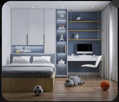 a bedroom with a bed, desk and soccer ball on the floor in front of it