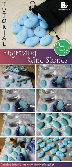 the instructions for how to make blue rocks with white frosting and gold lettering on them