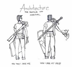 an image of two people with swords in their hands and the text, architecture the battle of survival how they see my self