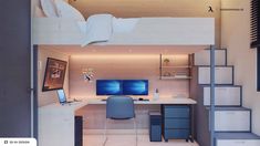 a loft bed with desk underneath it and stairs leading up to the upper level,