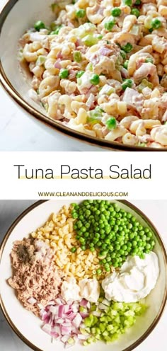 tuna pasta salad with peas and onions in a white bowl