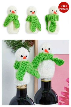 crocheted penguin wine bottle cozyies are shown in three different photos and one has a green scarf on it