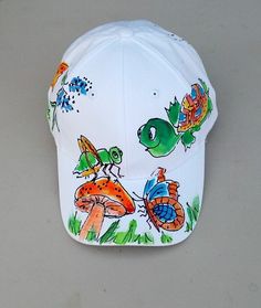 Cute Critters Baseball Cap Whimsical White Cap Hats, Playful White Baseball Cap For Spring, Whimsical White Adjustable Hat, Casual Hand Painted Cap, Casual Hand Painted White Hat, Casual White Hand Painted Hats, Handmade White Baseball Cap, Artistic White Hand Painted Hats, Artistic White Adjustable Hat