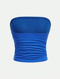 Style:Casual \nSleeve Length:Sleeveless \nNeckline:Strapless \nColor:Royal Blue \nPattern Type:Plain \nLength:Short \nFit Type:Slim Fit \nFabric:Medium Stretch \nMaterial:Knitted Fabric \nComposition:96% Viscose \nComposition:4% Elastane \nCare Instructions:Machine wash or professional dry clean \nBody:Unlined \nSheer:No \n Blue Ruched Fitted Tube Top, Fitted Blue Ruched Tube Top, Fitted Ruched Blue Tube Top, Spring Blue Seamless Tube Top, Blue Stretch Cotton Tube Top, Casual Blue Bandeau Tank Top, Solid Color Ruched Sleeveless Tube Top, Ruched Solid Color Tube Top, Blue Ruched Sleeveless Tube Top