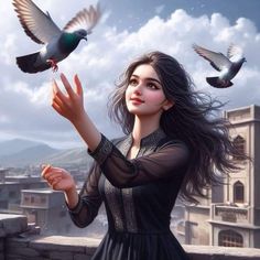 a painting of a woman with birds flying around her