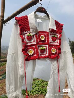 a red and white crocheted sweater hanging on a clothes line with green plants in the background