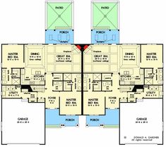 the first floor plan for a home with multiple levels and three bathrooms, including two master suites