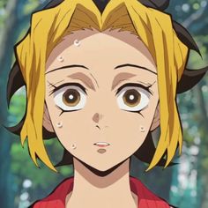 an anime character with yellow hair and big eyes looking at the camera while standing in front of trees