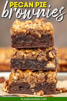 three pieces of pecan pie brownies stacked on top of each other with text overlay