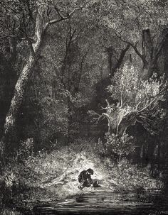 a black and white drawing of a man kneeling in the middle of a forest next to a body of water