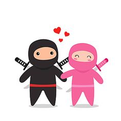 two people dressed as ninjas with hearts on their heads, one in pink and the other in black