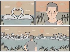 a comic strip with swans floating on the water and one man looking at them in front of