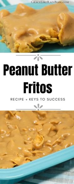 peanut butter fritos recipe on a blue plate with the title in the middle