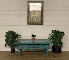 two potted plants sitting on top of a wooden table in front of a mirror