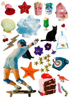 a collage of various objects including a woman skating