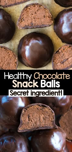 healthy chocolate snack balls with text overlay that reads, healthy chocolate snack balls secret ingredient