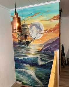 a painting of a ship sailing in the ocean with a full moon on it's side