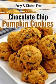 chocolate chip pumpkin cookies stacked on top of each other with the words easy and gluten free