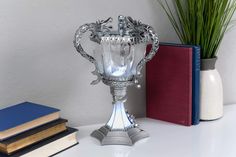 a silver trophy sitting on top of a white table next to books and a potted plant