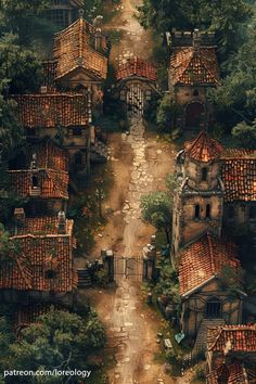 an aerial view of a village with lots of trees and houses in the middle of it