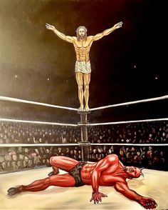 a painting of a man standing on top of a wrestling ring next to another wrestler