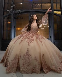 Quinceanera Sweet 16 dress Golden Quinceanera Dresses, Quinceanera Dresses Rose Gold, Rose Gold Quince Dress, Gold Quince Dress, Ruffle Ball Gown, Gold Quinceanera Dresses, Rose Gold Quinceanera Dresses, Ball Gown Gold, Rose Gold Quince