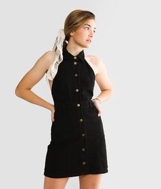 Free People Sami Mini Dress - Black Medium, Women's Washedblack Denim button front halter dress Bust measures 30 on size small Body length 31 on size small Model Info: Height: 5'9 1/2 | Bust: 34 1/2 | Waist: 26 1/2 | Hip: 36 1/2 | Wearing Size: X-Small. 100% Cotton. Machine wash cold with like colors. Only non-chlorine bleach. Line dry. May be dry cleaned.. WOMEN'S DRESS SIZE CONVERSION CHART Size XS S M L XL Junior Size 1/3 3/5 7/8 9/10 11/13 *Conversion sizes may vary. Measurements based on si Halter Dress Street Style, Black Denim Dress, Collar Mini Dress, Dc Fashion, Pink Clothes, Brunch Dress, Mini Dresses For Women, Halter Mini Dress, Conversion Chart