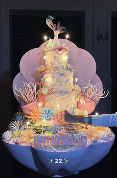 there is a large cake with candles on it in the shape of a seashell