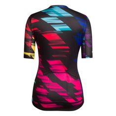 a women's short sleeved top with colorful stripes on the front and back