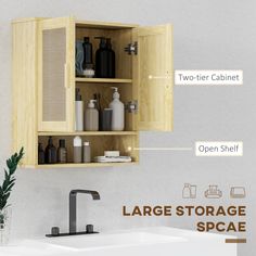 an image of a bathroom cabinet with the words large storage space above it and below it