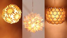 three different types of lights hanging from the ceiling and on the wall, one is made out of paper