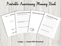 four printable memory book pages with hearts on them and the words, printable memory book