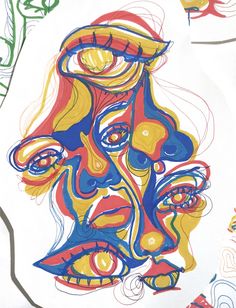 a drawing of a man's face with different colored lines and shapes on it